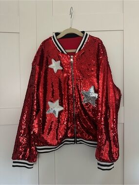 Girls' Red Sequin Bomber Jacket with Silver Star Appliqués